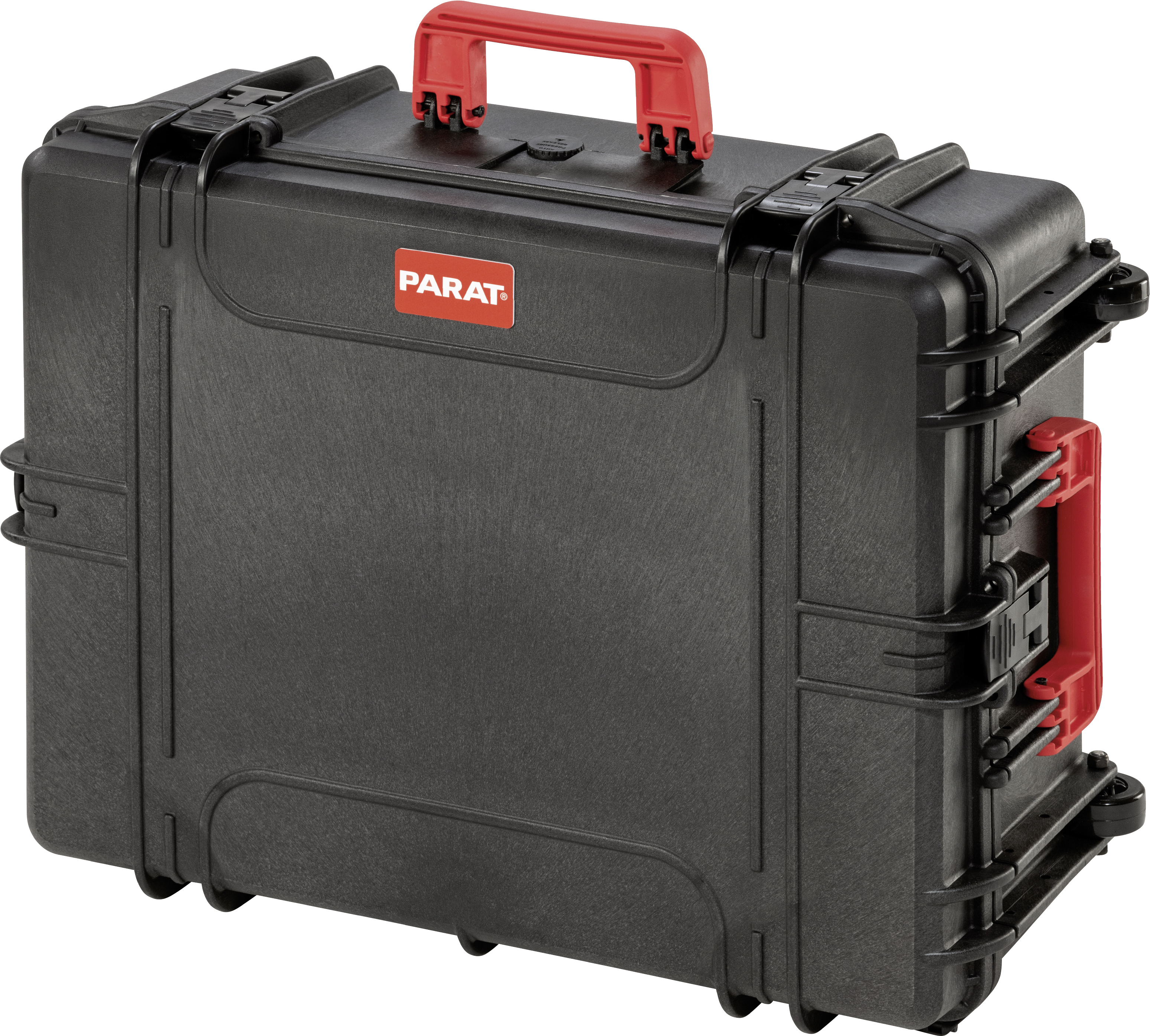 A sturdy black suitcase with a red handle. The suitcase has 'PARAT' written on it, and it is designed for the secure transportation of equipment.