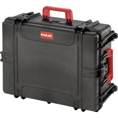A sturdy black suitcase with a red handle. The suitcase has 'PARAT' written on it, and it is designed for the secure transportation of equipment.