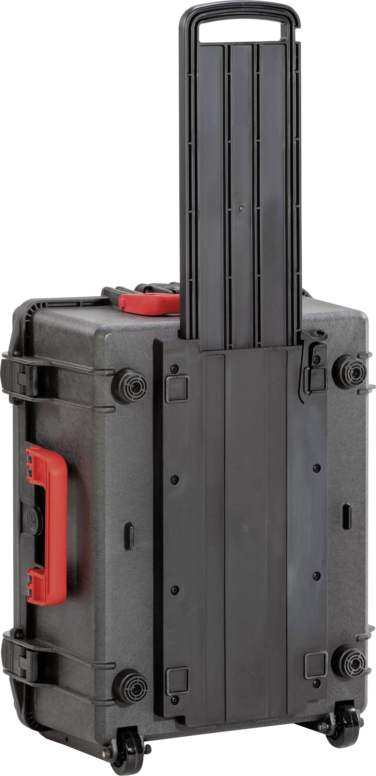 A sturdy, black wheeled suitcase with red handles and an extendable telescopic handle, suitable for transporting delicate equipment.