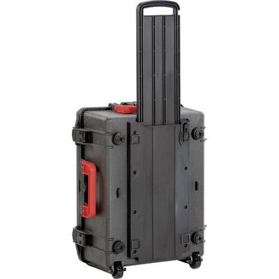 A sturdy, black wheeled suitcase with red handles and an extendable telescopic handle, suitable for transporting delicate equipment.