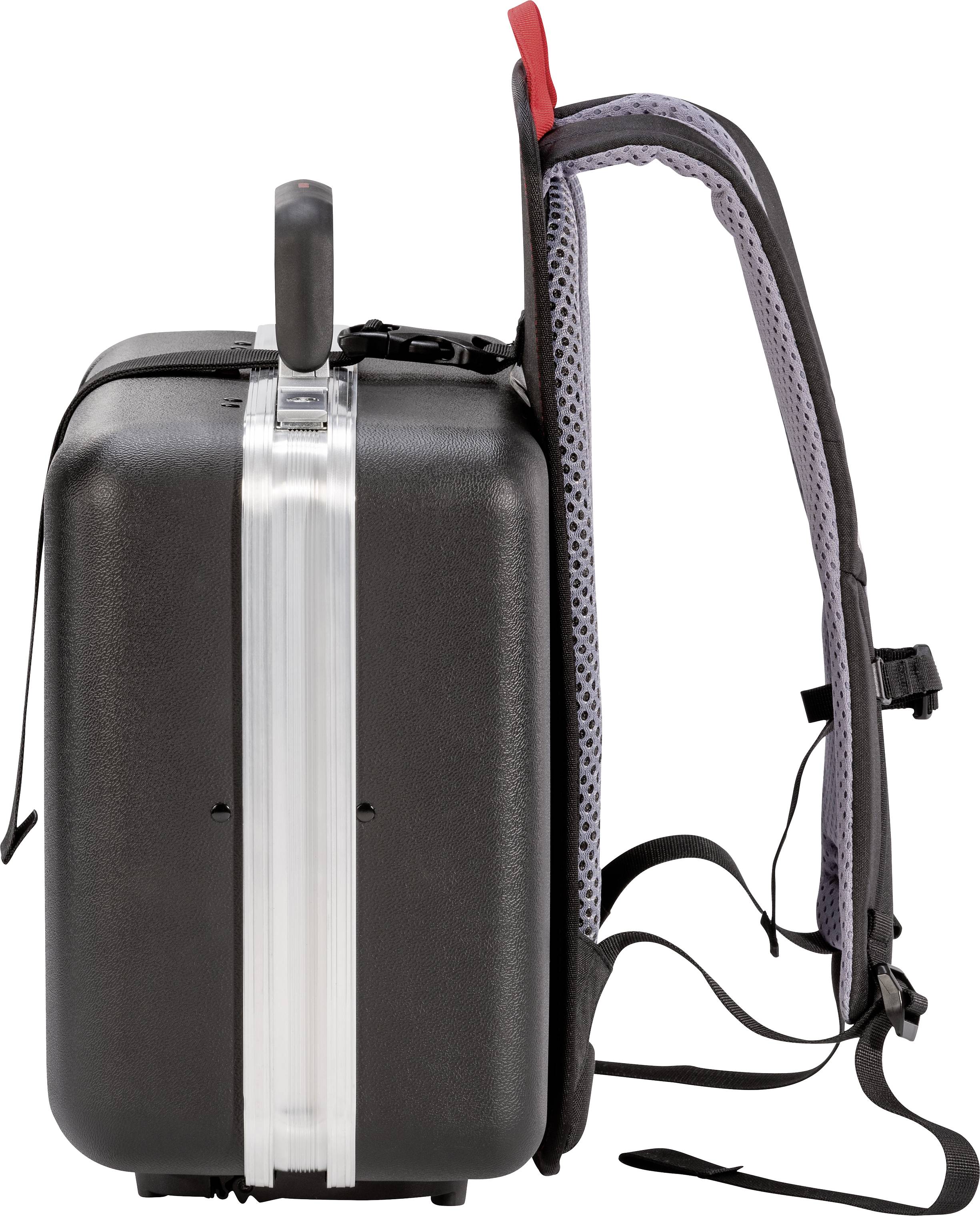 'Seated backpack' with integrated luggage compartment. Side view shows ergonomic back padding and carrying handle. Ideal for travelling.