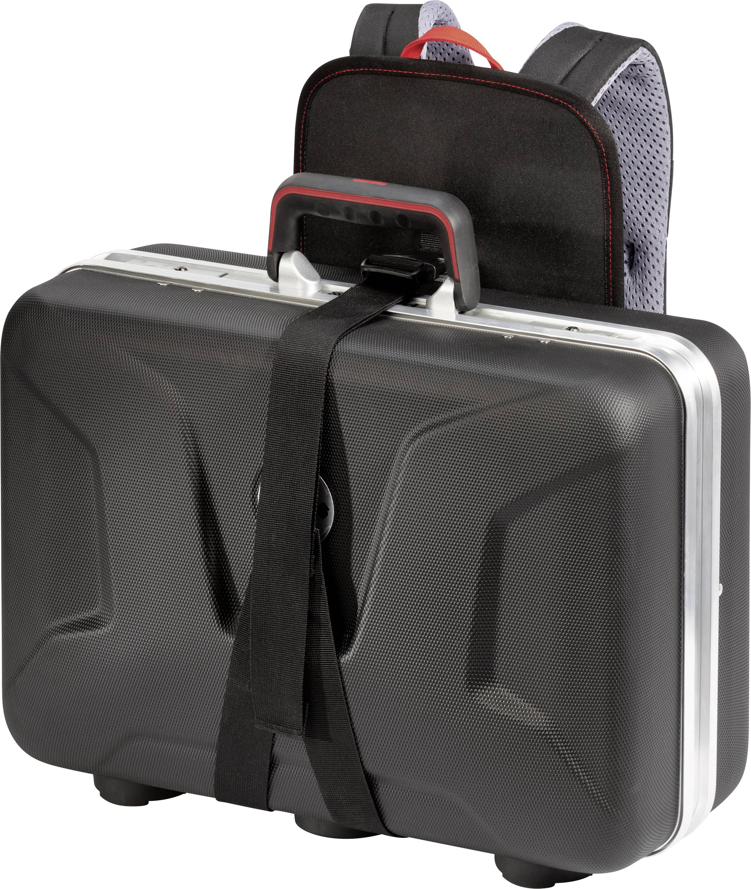 A black plastic case with metal handles, secured to a rucksack with a red border and grey back panel.
