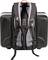 A black rucksack with grey, padded straps, attached to a robust, square suitcase with a smooth surface.
