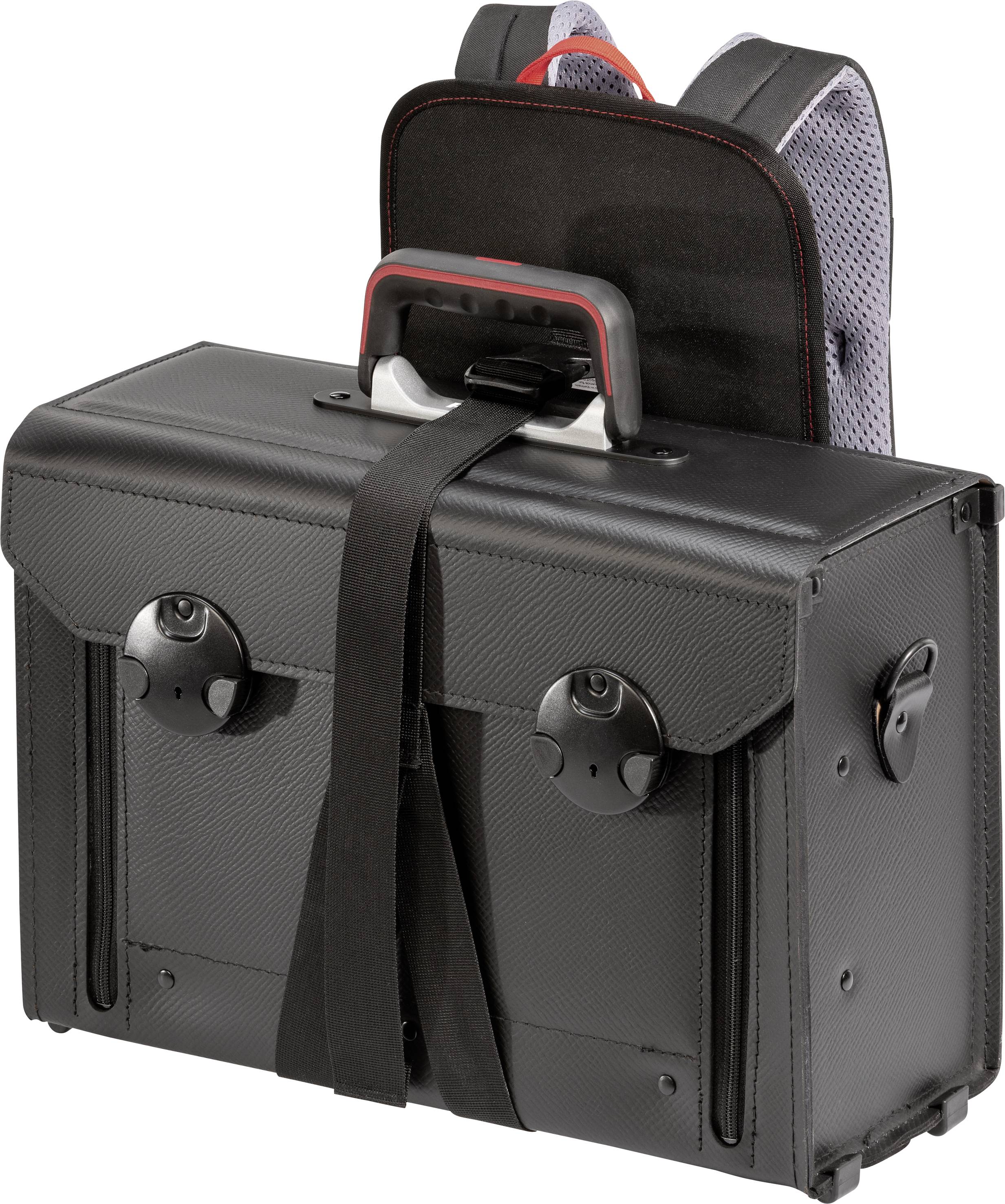 A black, rectangular pannier bag with a carry handle and straps that can be attached to a bicycle rack.