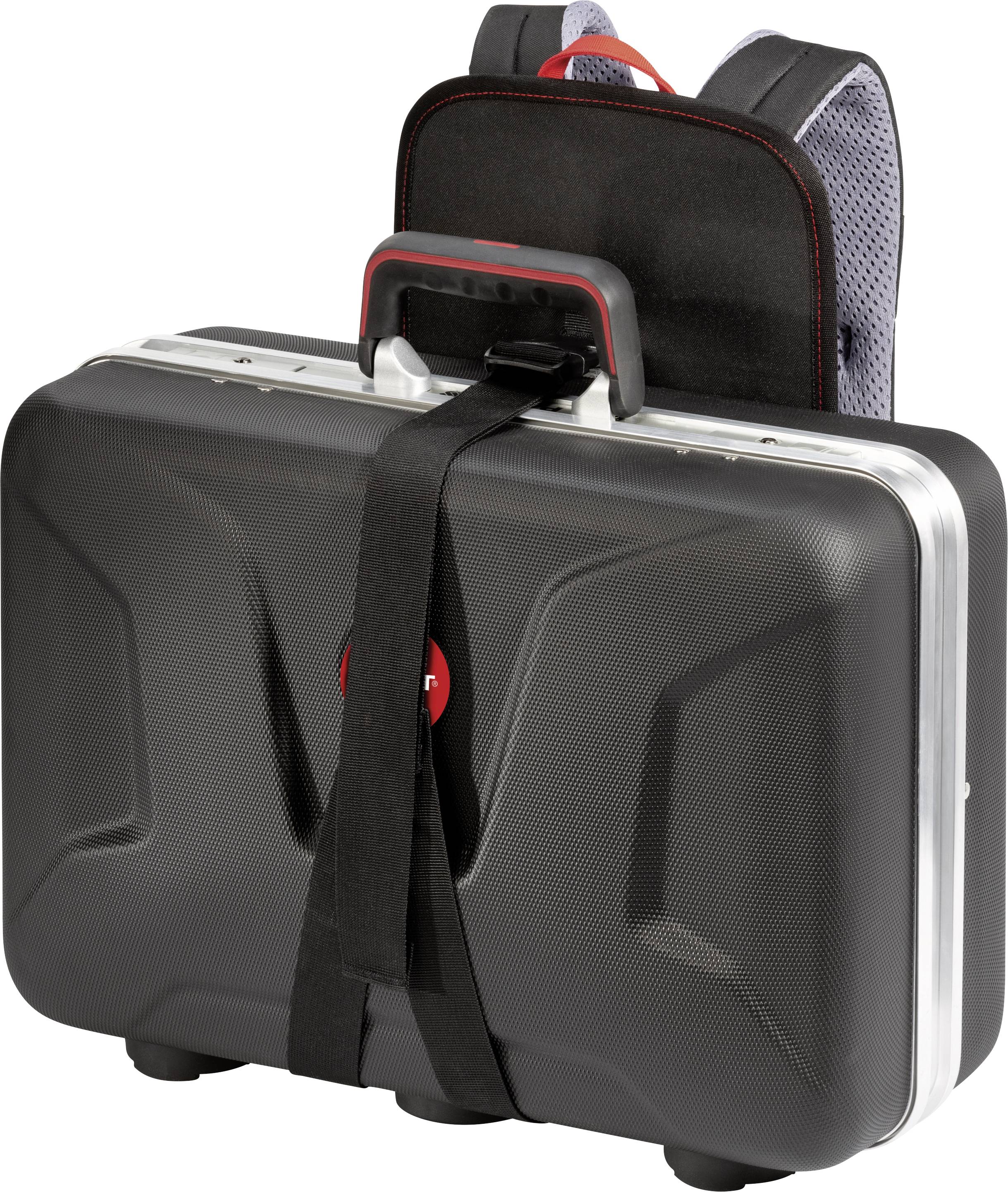 Hard-shell suitcase with a black strap and red handle mounted on a grey rucksack. Suitable for secure transportation.