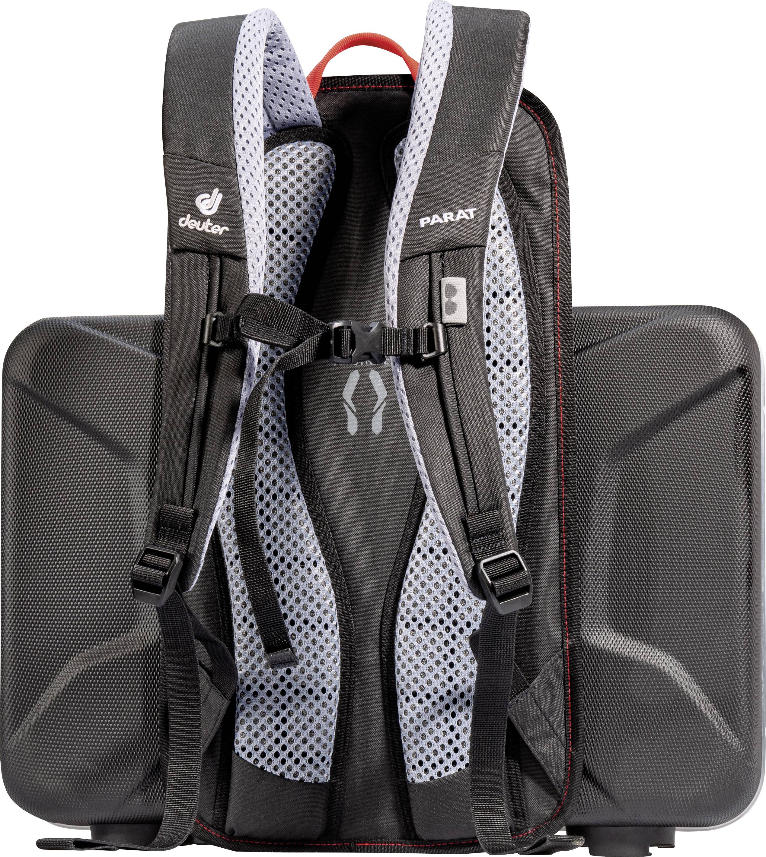 A black rucksack with padded shoulder straps and a breathable back panel, which is ideally suited for transportation.