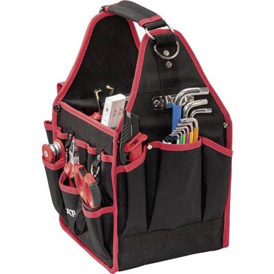 A black tool case with red edges, filled with various tools such as screwdrivers, pliers, and Allen keys.