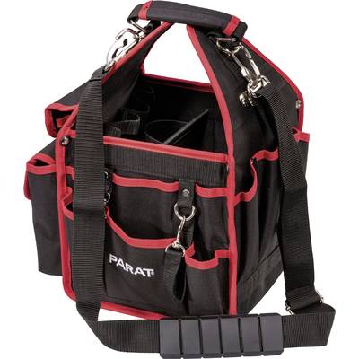 A black tool bag with red edges and a shoulder strap. It has multiple pockets and metal hooks.