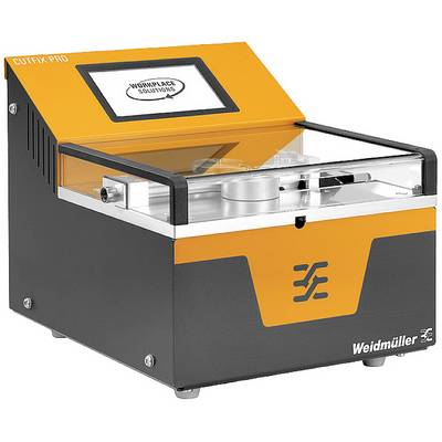 Weidmüller 'Cutfix Pro' cutting machine in black and orange, with transparent cover and display, for cable processing.