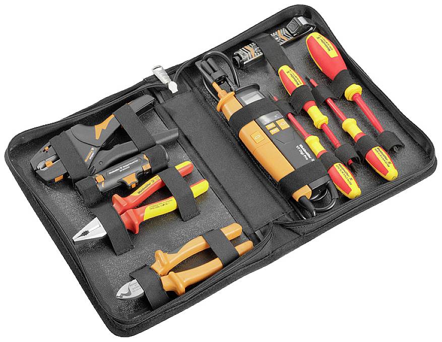 Opened tool case with screwdrivers, pliers and a digital measuring device, all organised in a black case.