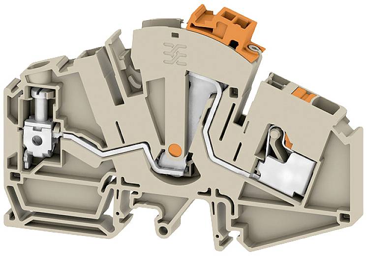 A cross-section of an electrical connection terminal system, showing the internal structure and metal contacts.