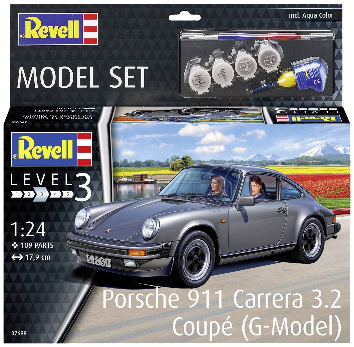 Revell Model Kit Porsche 911 Carrera 3.2 Coupé, Scale 1:24, Level 3, 109 Pieces. Image shows model car in motion and accessories.