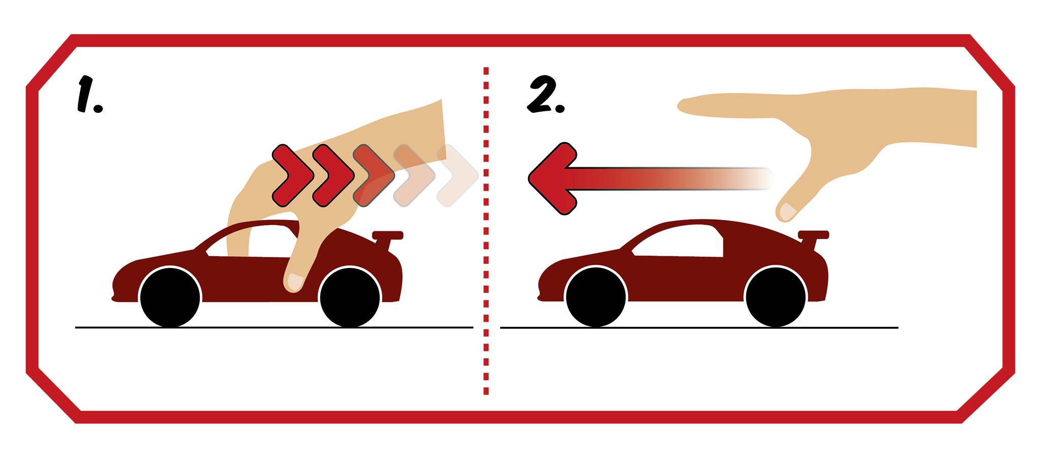 '1. The car is being pulled by a hand from the left. 2. The car drives quickly to the right.'