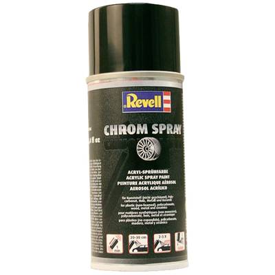 Spray paint can with the label 'Revell Chrome Spray'. Suitable for plastic and metal, displaying usage instructions.