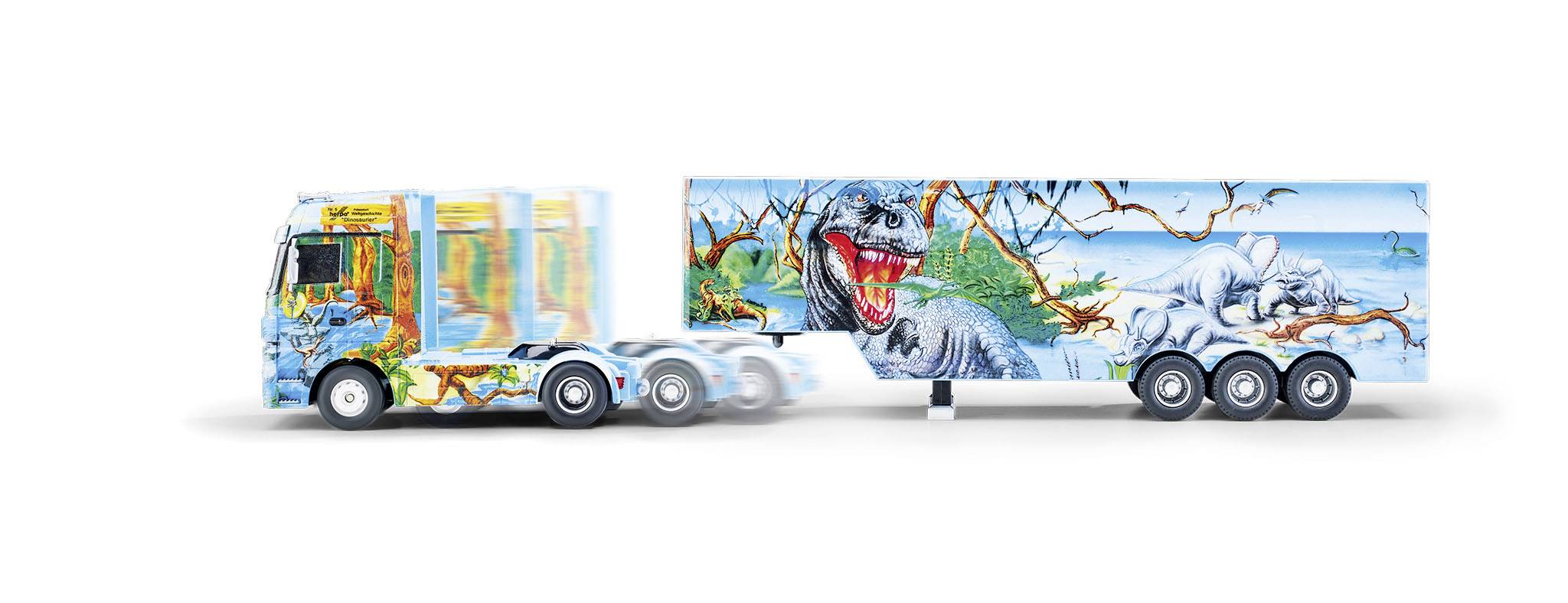Lorries and trailers with dinosaur graphics, including a T-Rex and a sleeping dinosaur.
