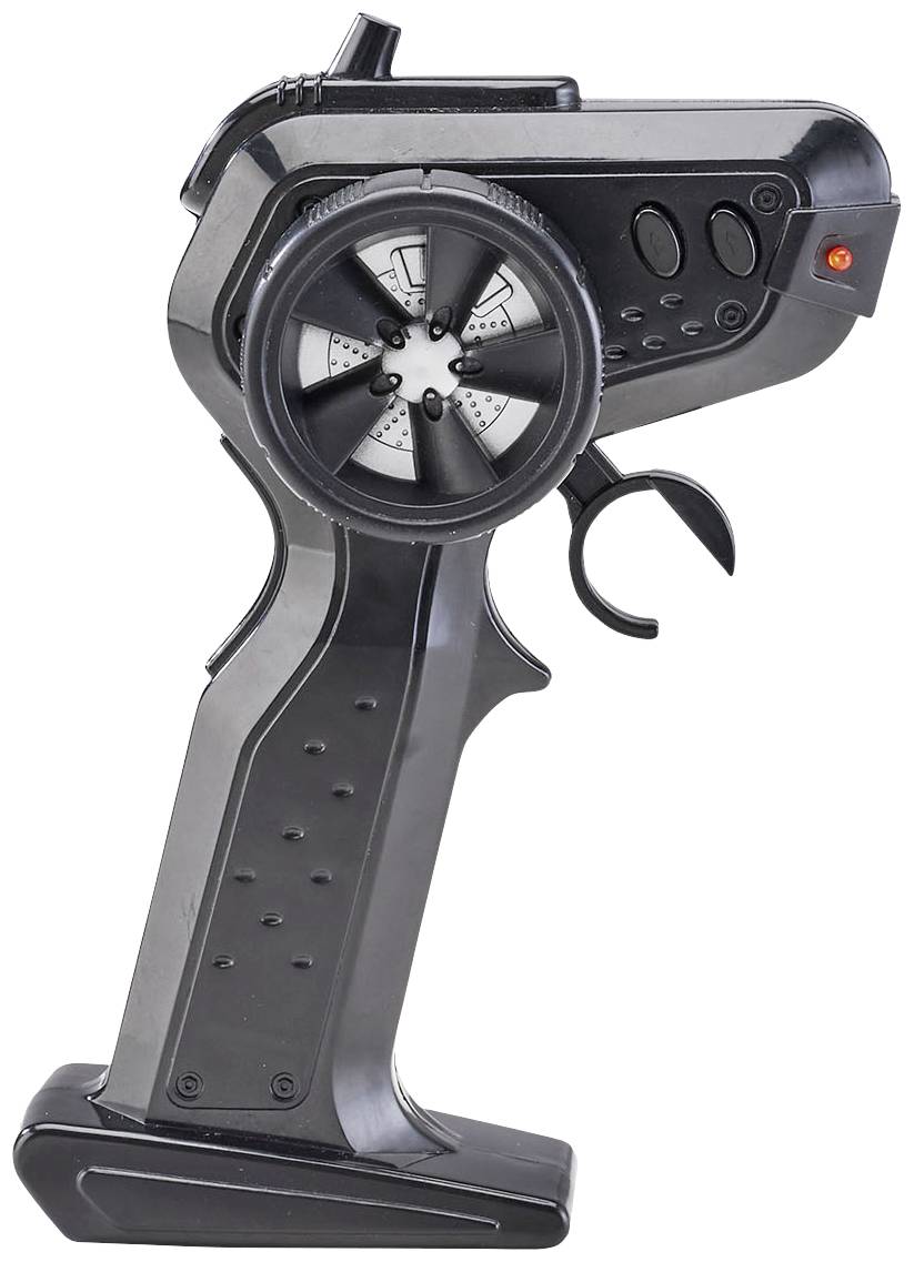 A black remote control with steering wheel control, multiple buttons, and a trigger, typically used for remote-controlled cars.