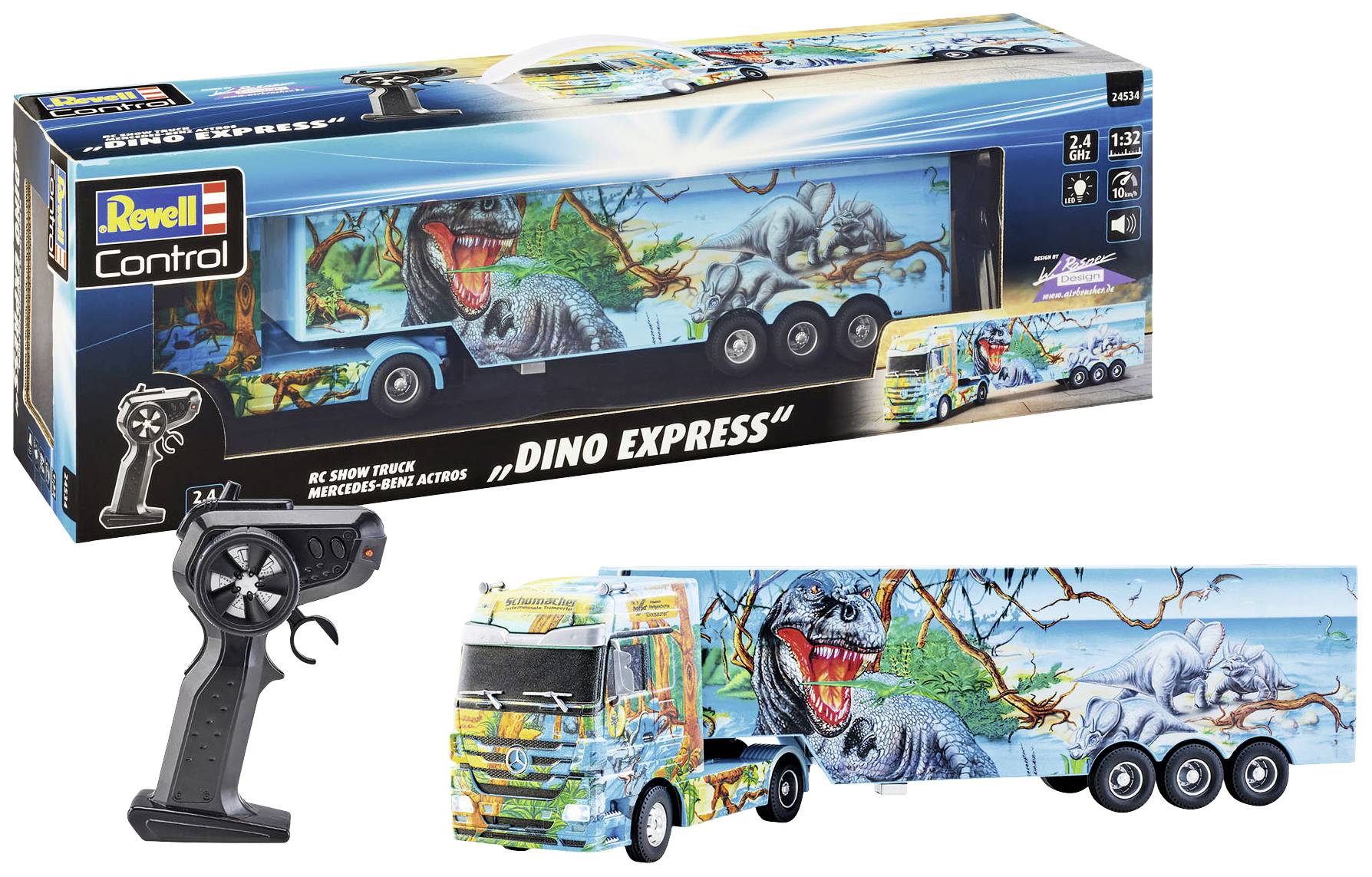 Toy truck set with jungle design, T-Rex illustration and remote control. Includes the text 'Dino Express'.