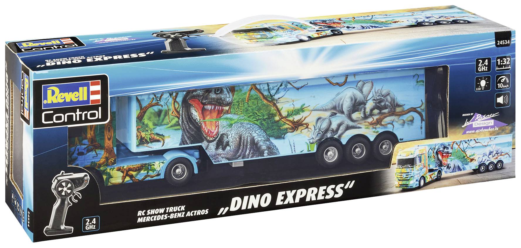Toy packaging for the Revell Control 'Dino Express' RC show truck with dinosaur motif. Includes remote control. 2.4 GHz.