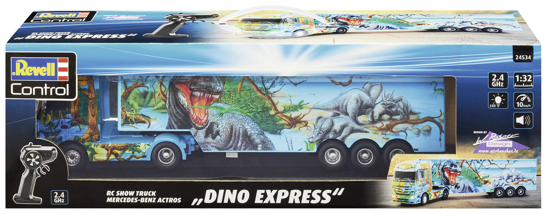 RC Show Truck Packaging with 'Dino Express' Design. Illustrations of Dinosaurs on Lorry Model. Brand Revell, Scale 1:32.