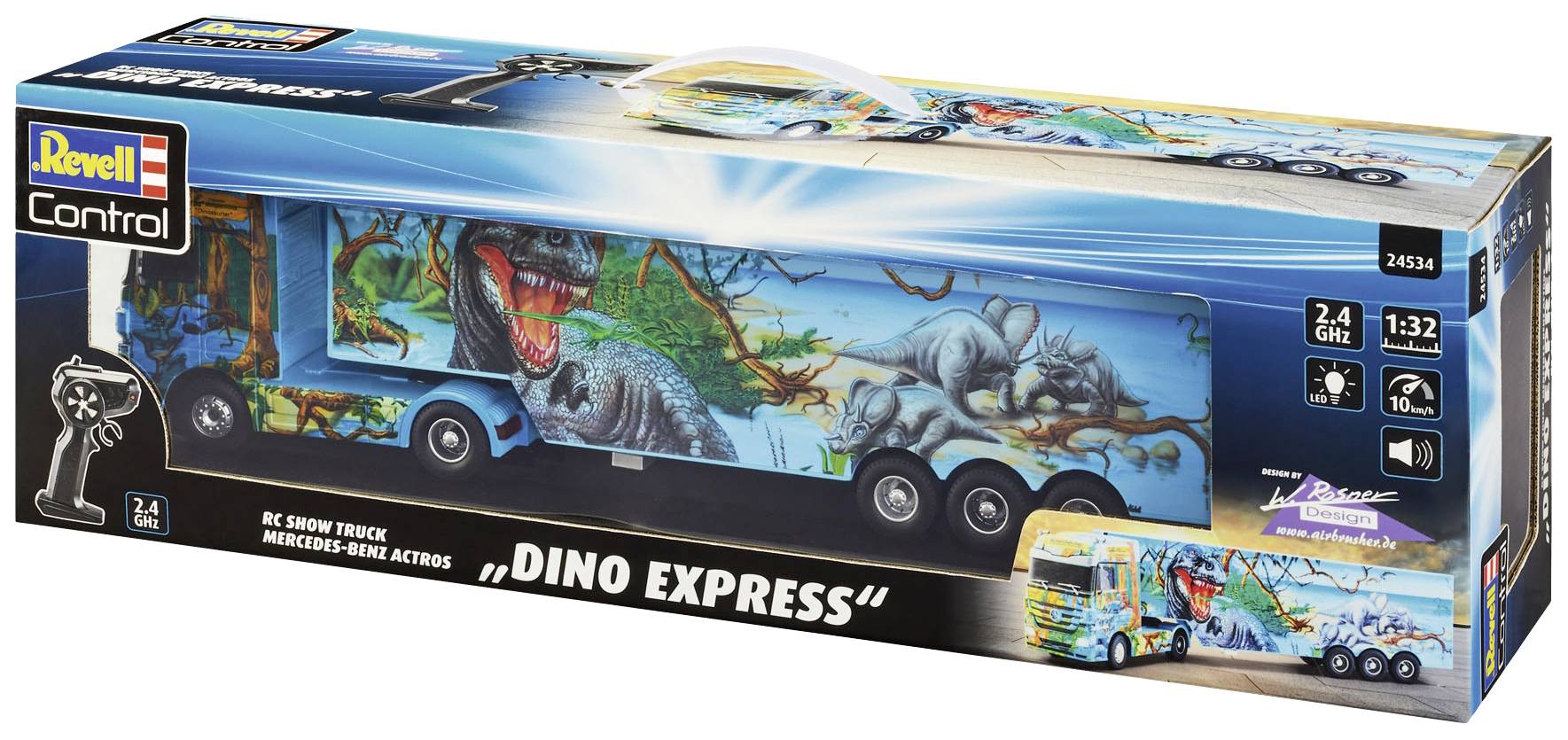 Box containing a remote-controlled lorry model 'Dino Express' at 1:32 scale, 2.4 GHz, featuring a dinosaur motif. Revell Control logo visible.