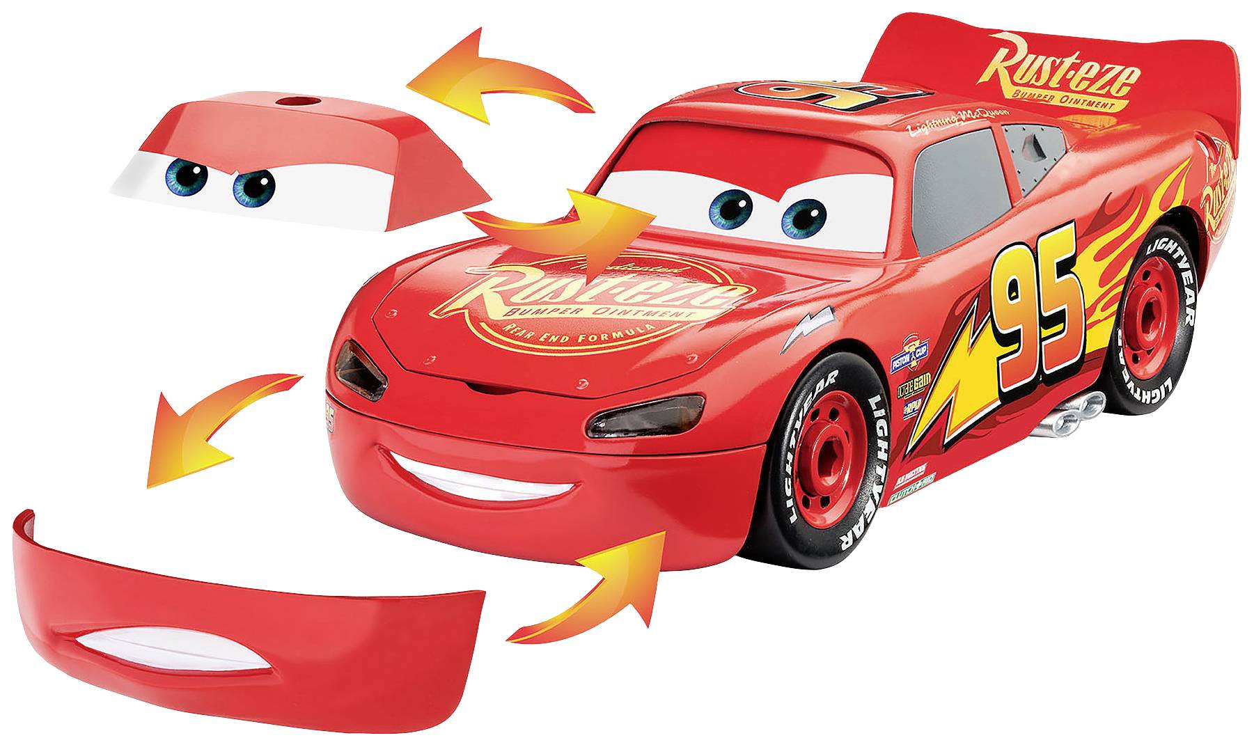 A red toy car with number 95, with detachable parts such as eyes and mouth that can be removed for interactive play.