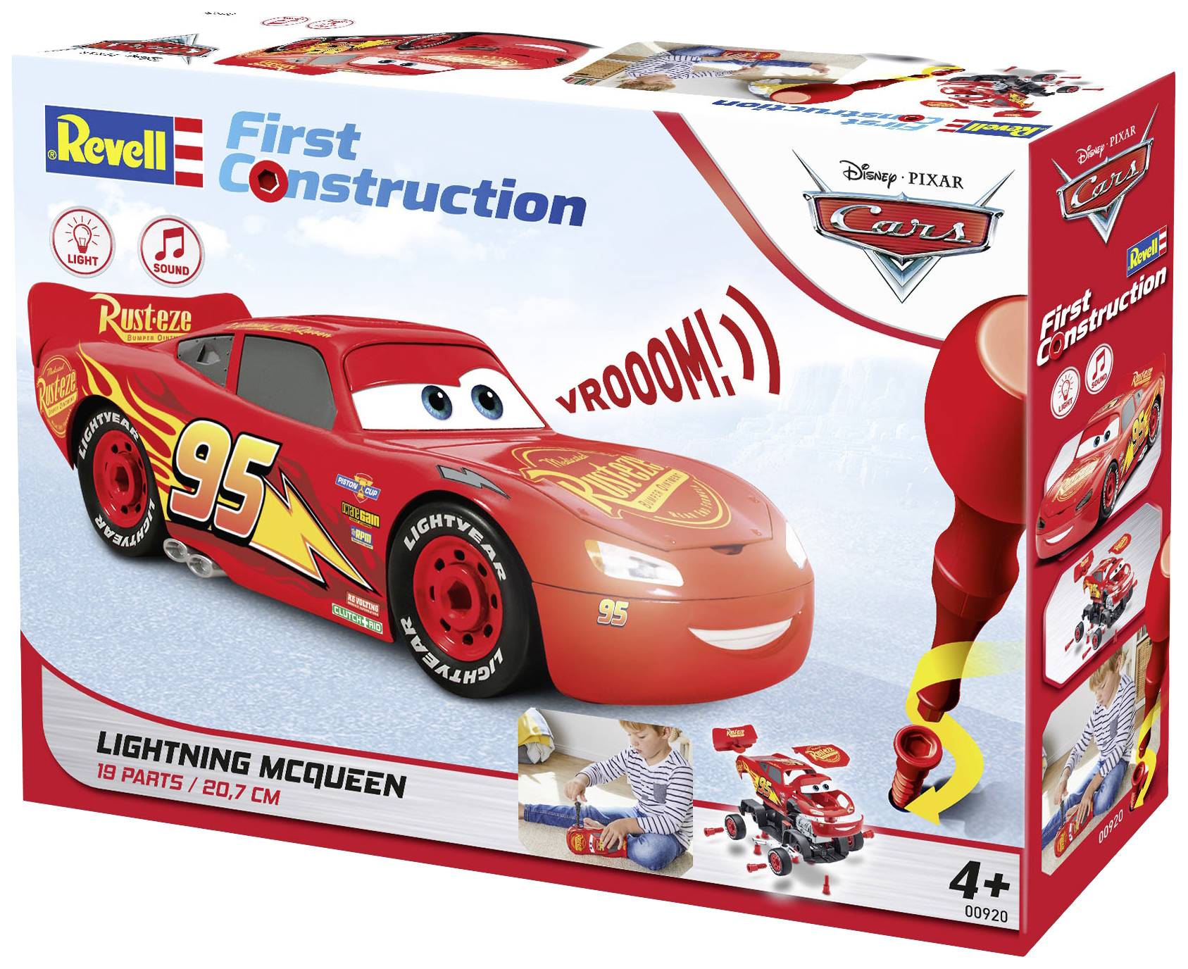 'Revell First Construction' model kit featuring Lightning McQueen from Disney Pixar's Cars. Suitable for ages 4 and up, 19 pieces, 20.7 cm. Includes construction tools.