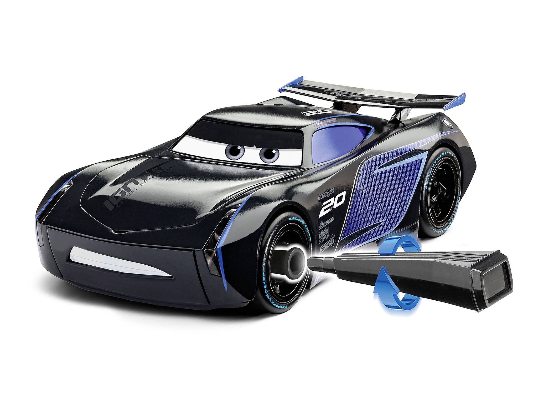 A blue-black, futuristic toy car with large eyes and a spoiler. Next to it lies a black controller.