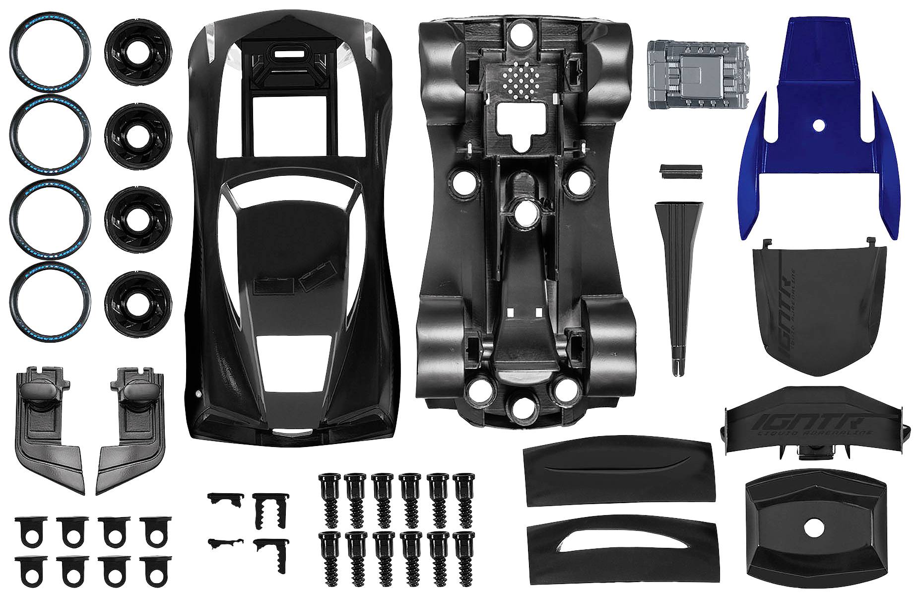 A dismantled model car made up of black and blue parts. Individual components include bodywork, tyres, chassis, and screws.