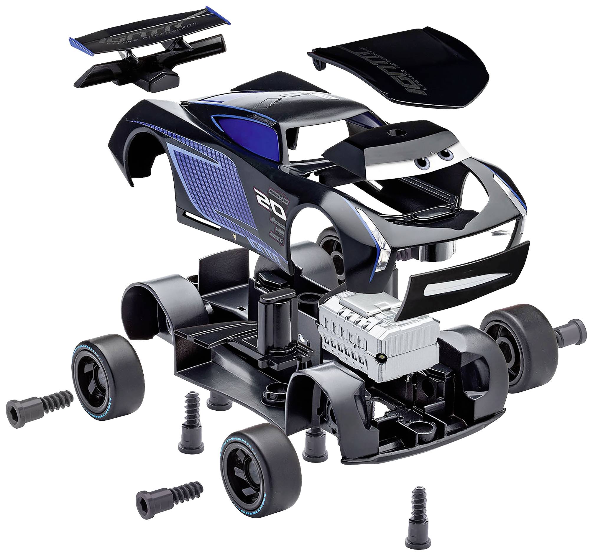 Toy model car in individual parts, including body, wheels and screws, ready to be assembled.