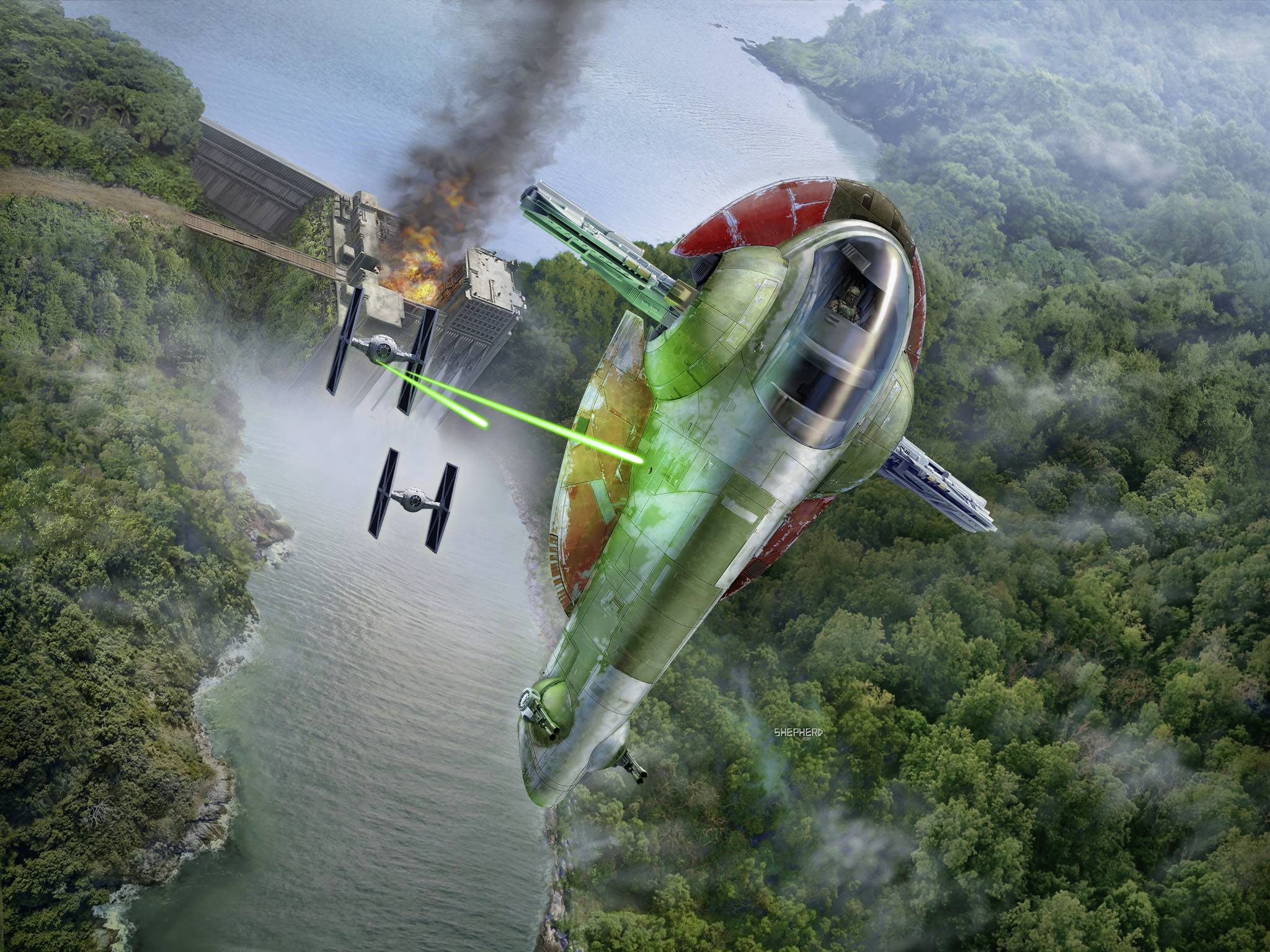 A spacecraft is pursuing another across a river in a wooded landscape. The leading spacecraft is firing green lasers.