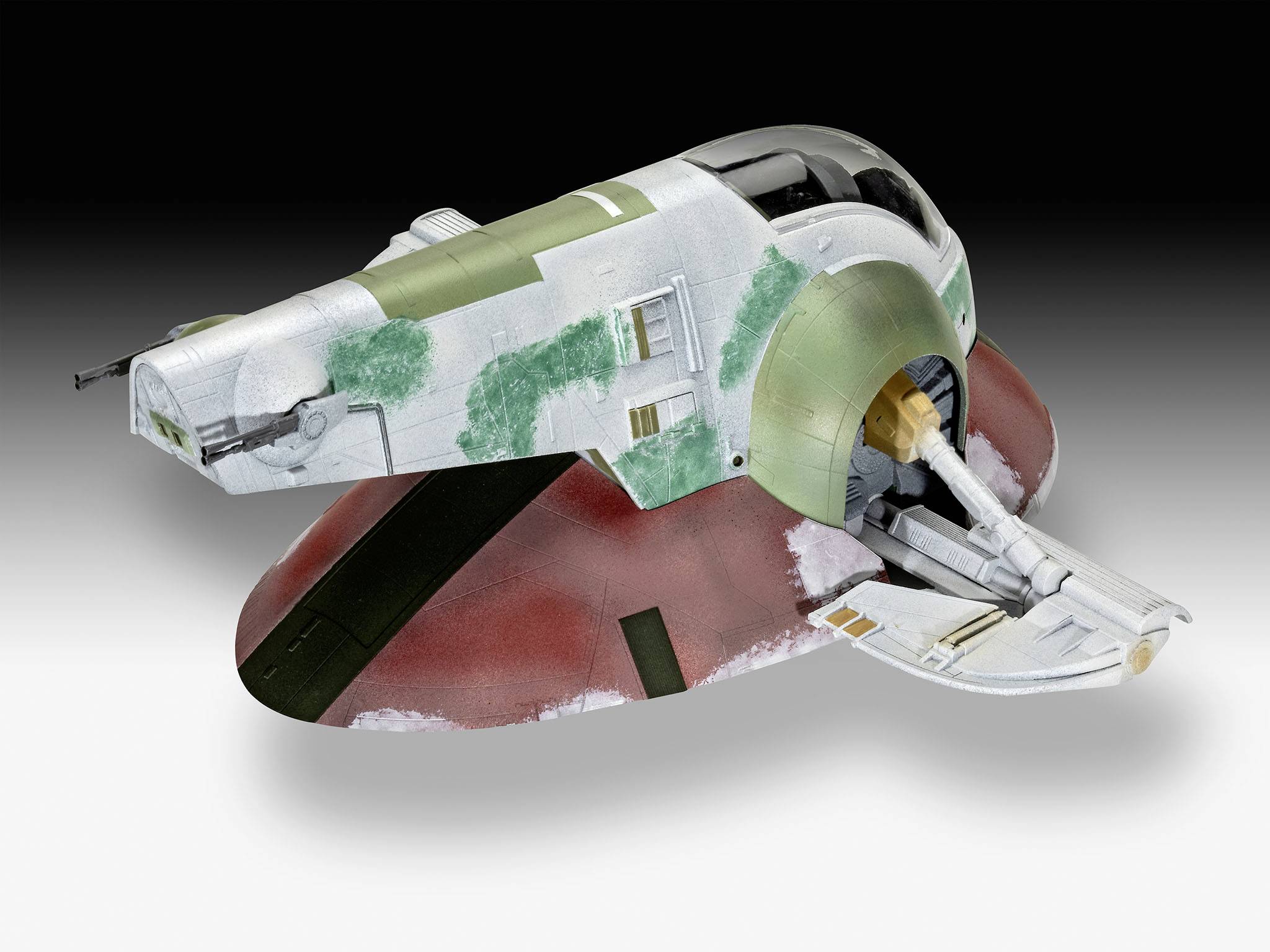 A futuristic spacecraft with a curved cockpit, green-white details, and red wings hovers, visible from the side.