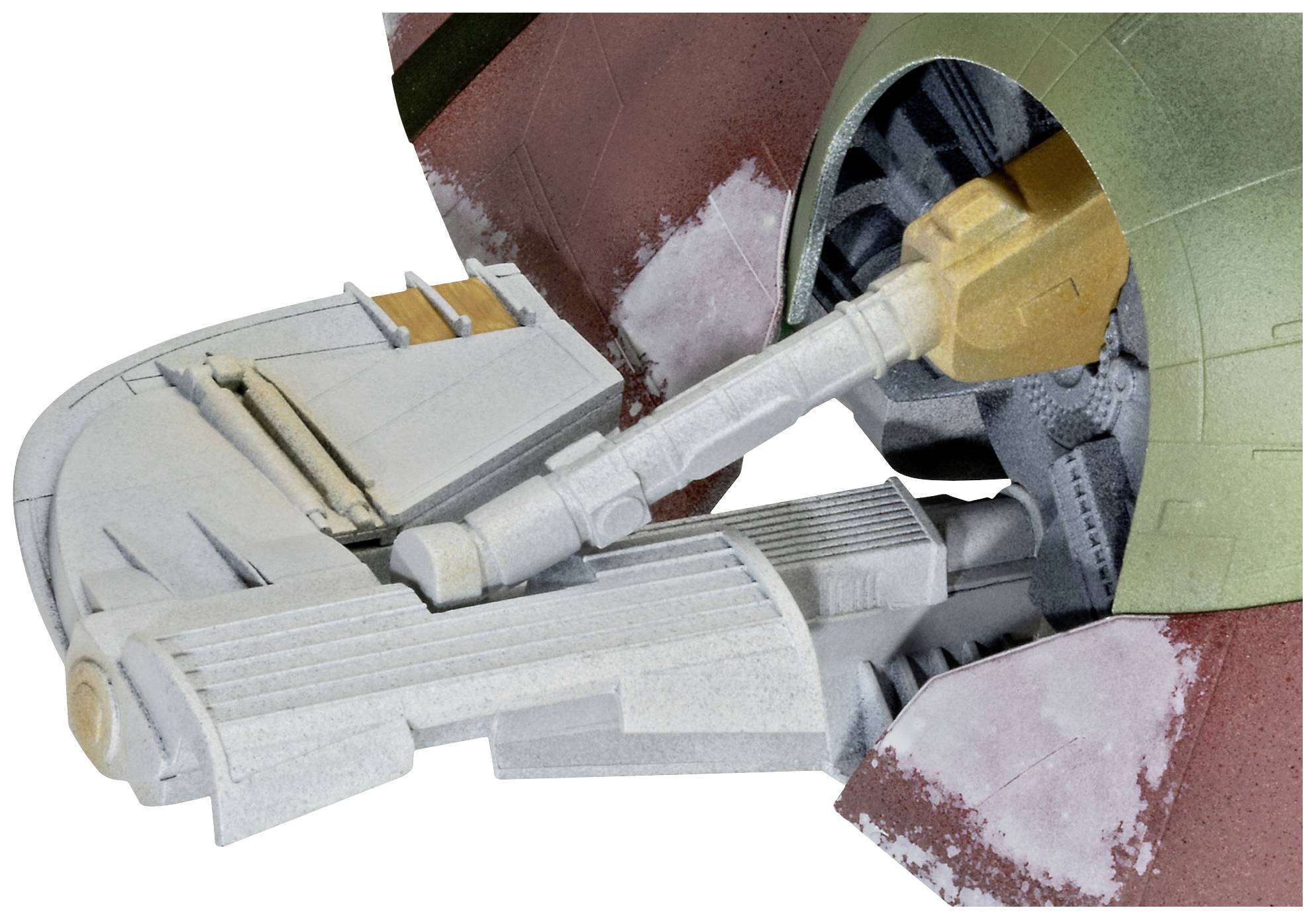 A detail of a spacecraft model with complex mechanical structures and coloured surface elements.