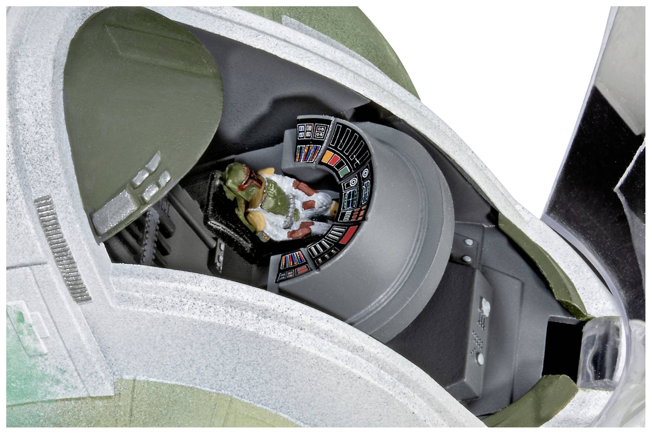 Toy model of a spacecraft with a pilot figure in the cockpit, surrounded by control panels. Detailed design with a futuristic aesthetic.