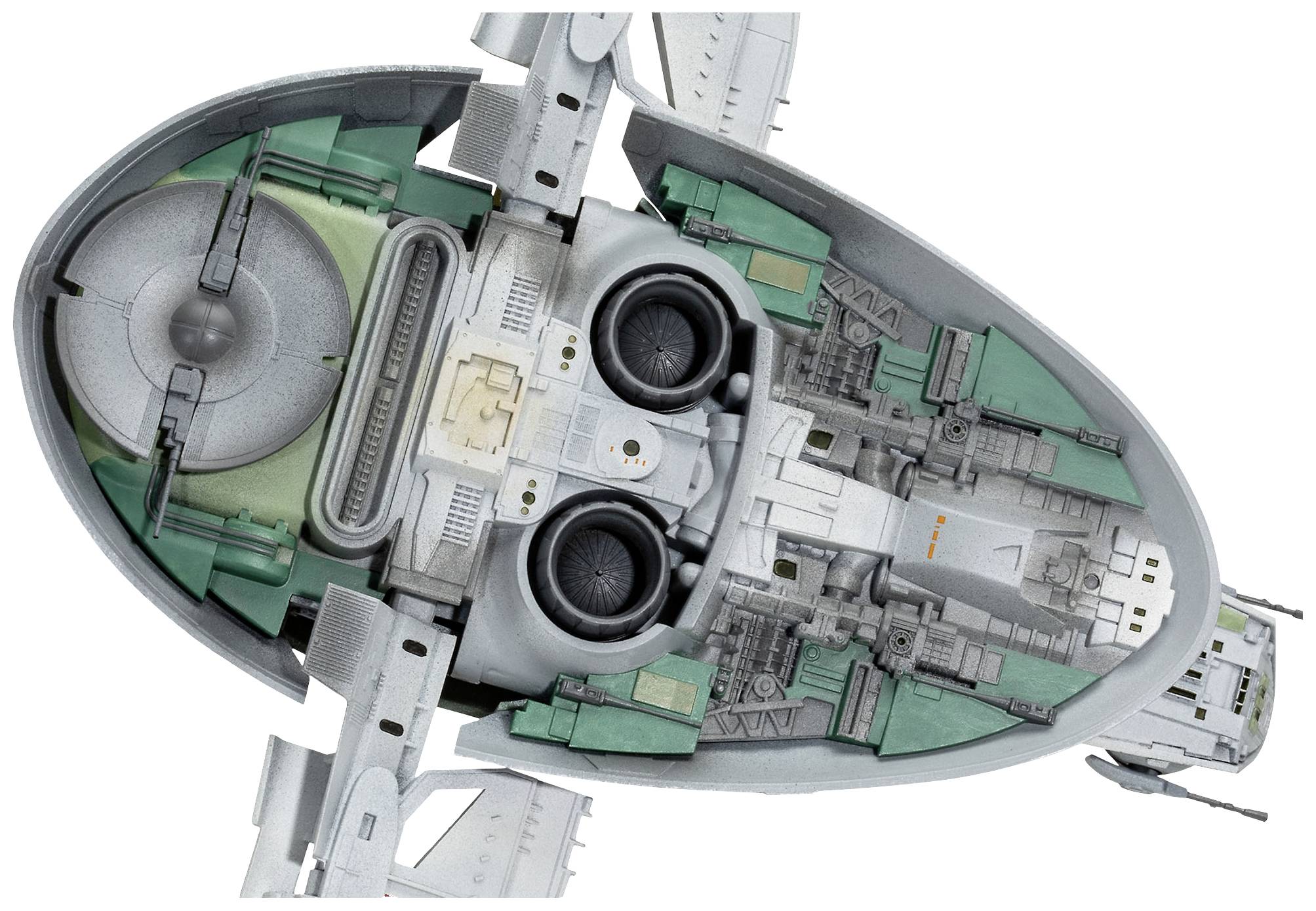 Detailed interior view of a futuristic spacecraft. Primary propulsion engines, control systems, and cabin area are visible.