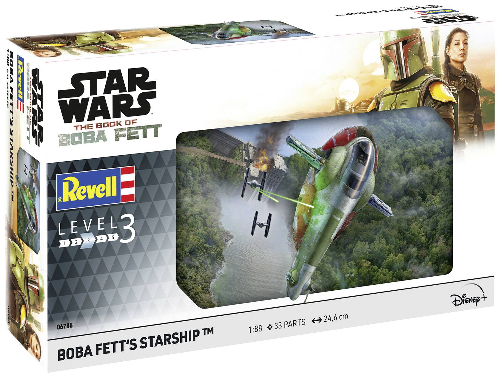 The packaging shows a model kit of 'Boba Fett's Starship' from 'Star Wars: The Book of Boba Fett' by Revell, Level 3, 33 pieces.