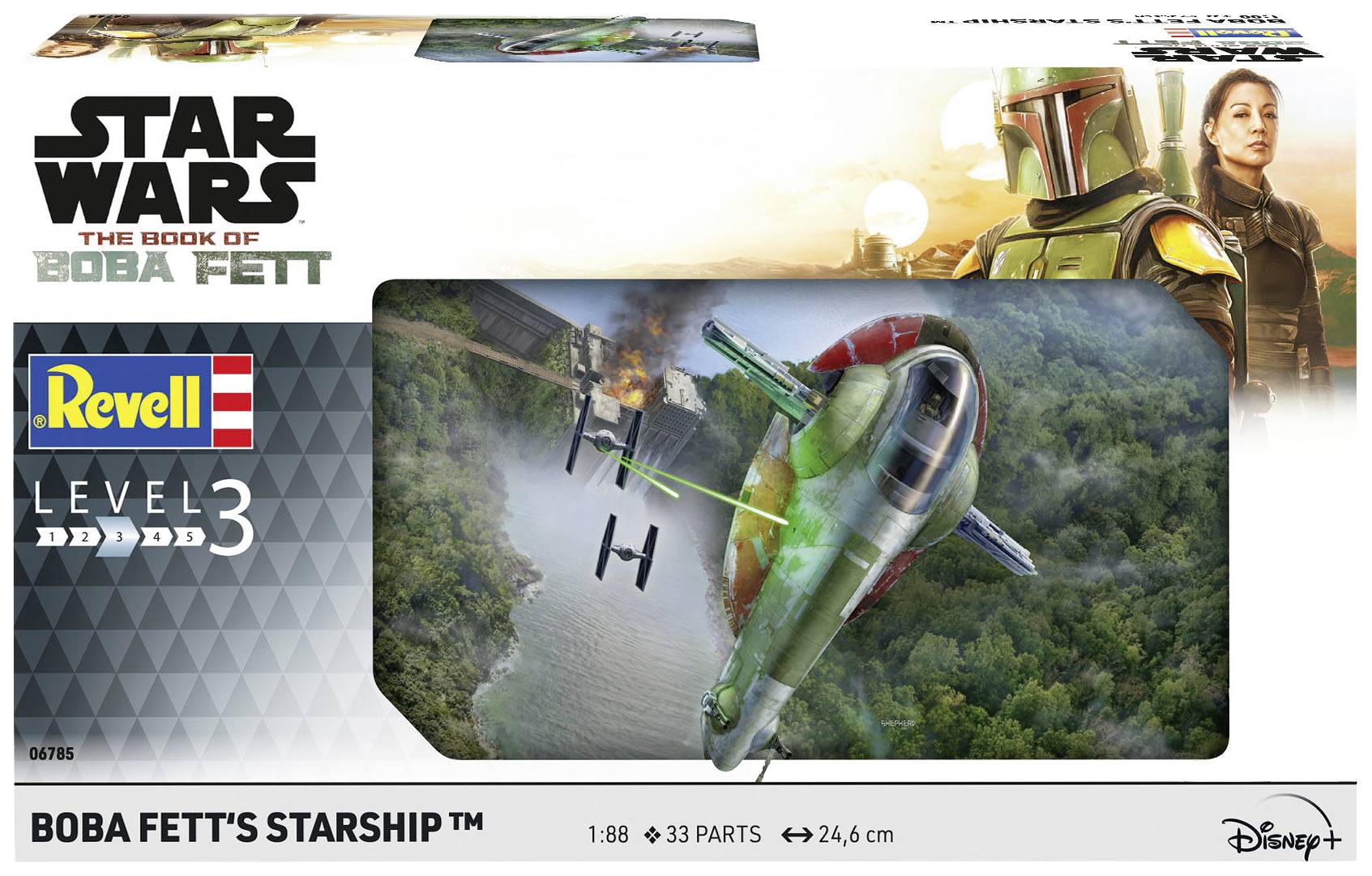 Packaging for a model kit of Boba Fett's spacecraft from 'Star Wars: The Book of Boba Fett', featuring a complete image of the spaceship.