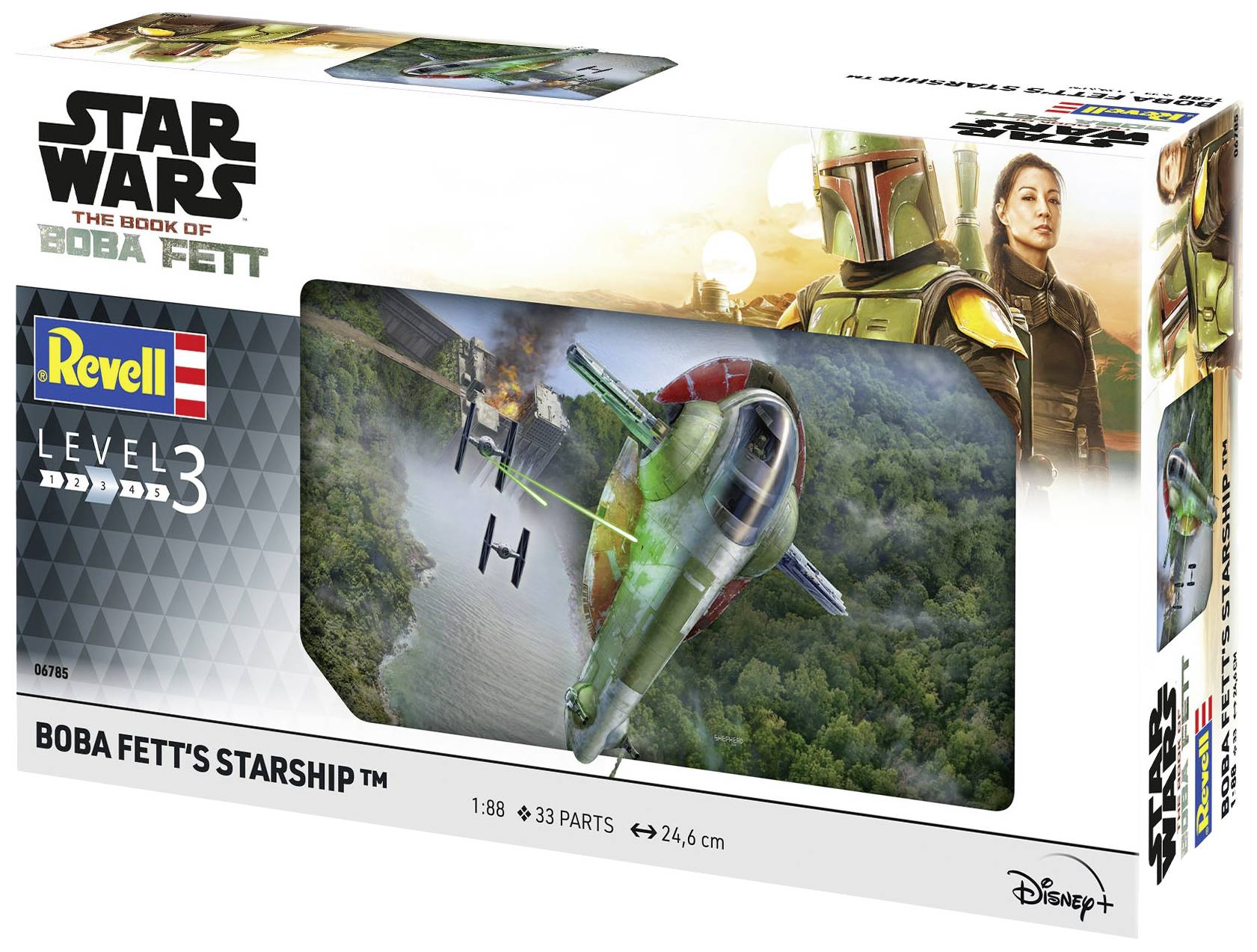 Packaging for a model kit of Boba Fett's spaceship from 'Star Wars: The Book of Boba Fett'. Contains 33 parts.