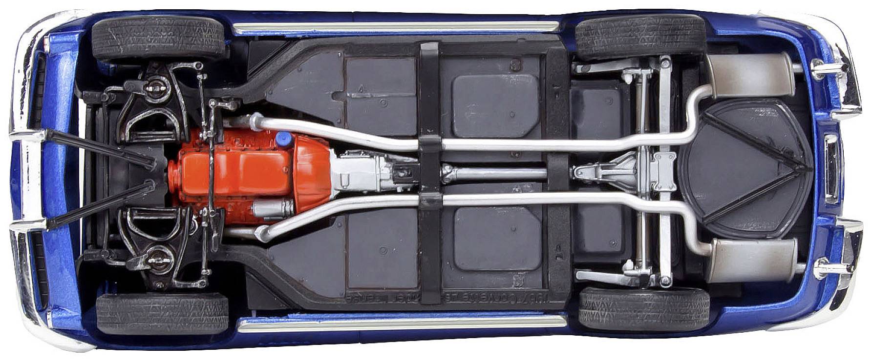 View from below of a car; showing exhaust system and chassis. The chassis is blue, engine red, and exhaust silver.