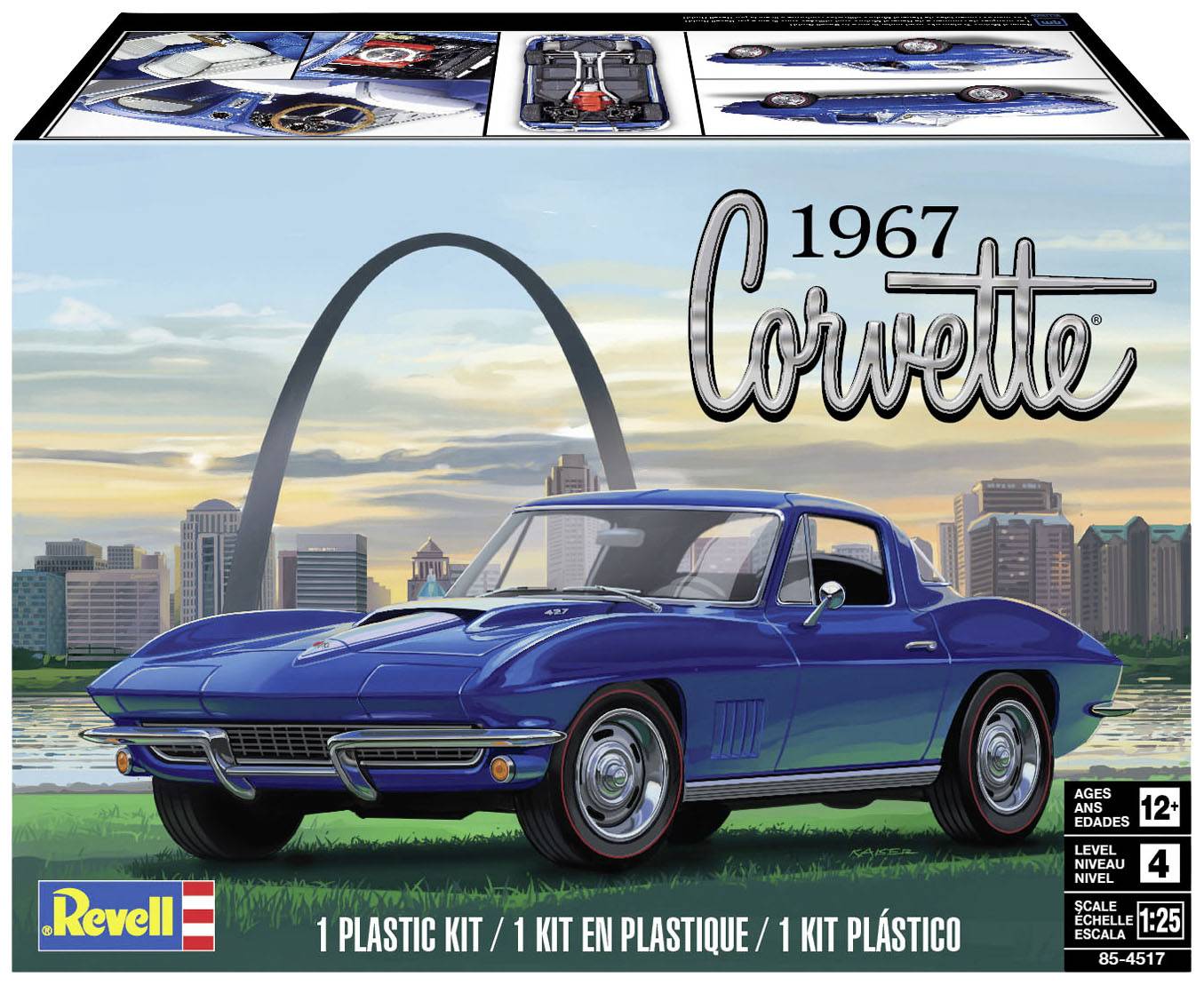 Model kit of a blue 1967 Corvette in front of the St. Louis Gateway Arch. The packaging reads: '1967 Corvette'. Suitable for ages 12 and up.