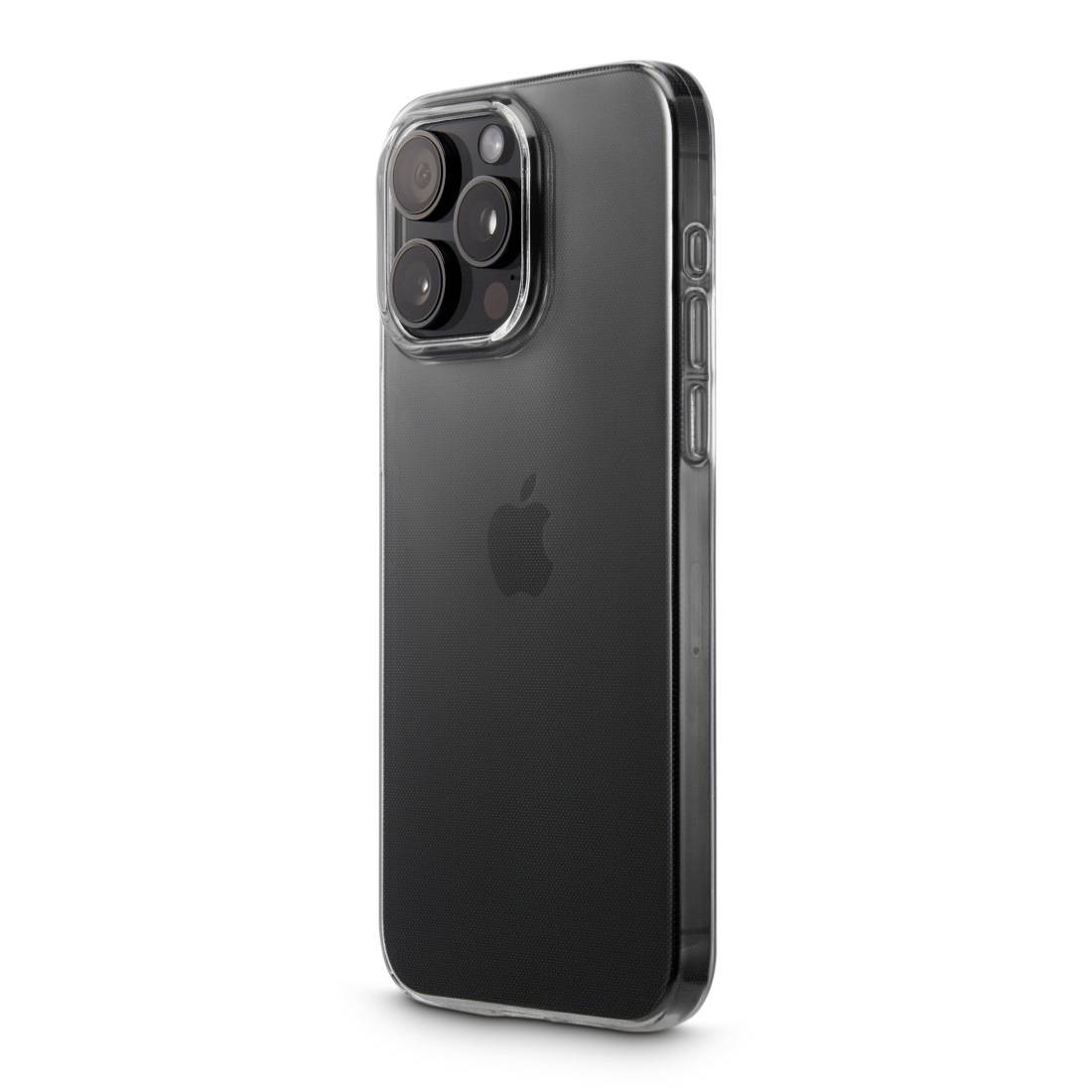 A black smartphone with a clear protective case, visible camera lenses and side buttons. Apple logo on the back.