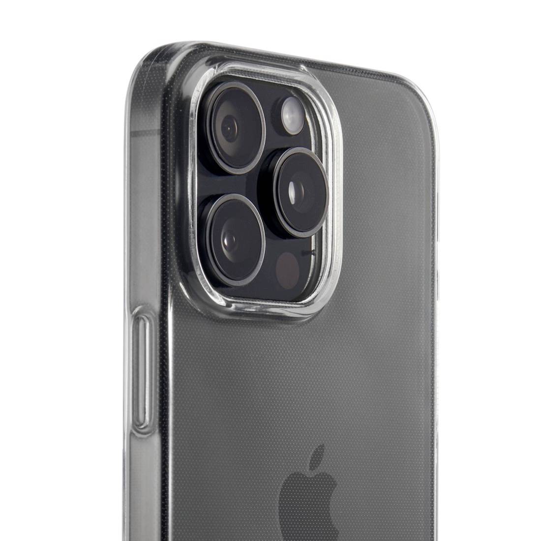 A smartphone in a transparent case can be seen, with focus on the multiple camera lenses on the back.