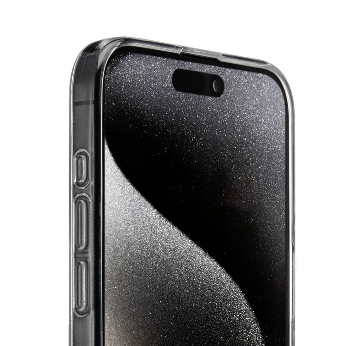 A smartphone with a shimmering black front, rounded design, and side buttons.