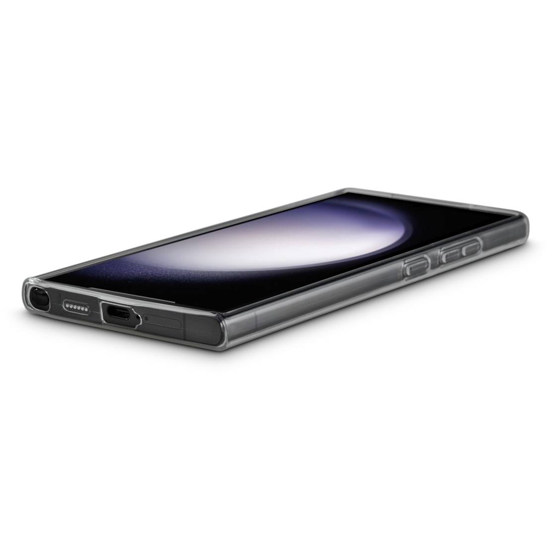 A modern smartphone with a sleek design rests on a flat surface. The display shows an abstract, dark pattern.