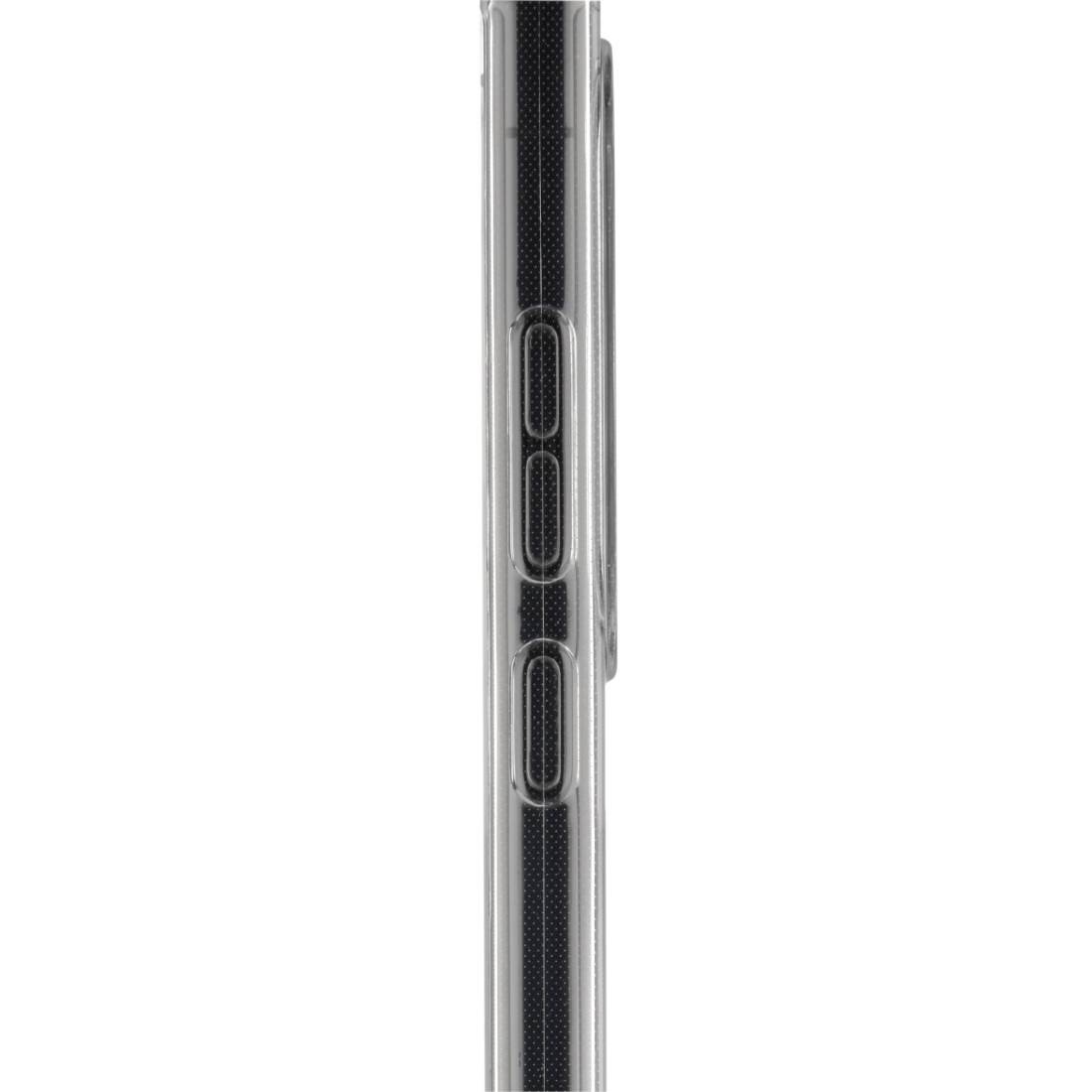 Side view of a smartphone in a clear case, showing the volume buttons and camera cutout on the left side.
