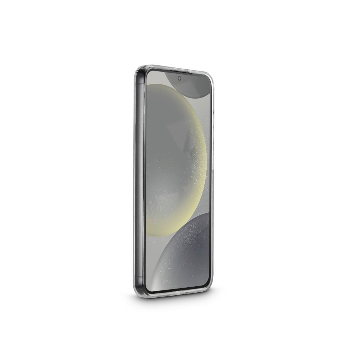 Smartphone with rounded edges, silver frame and a display showing an abstract green-grey illustration.