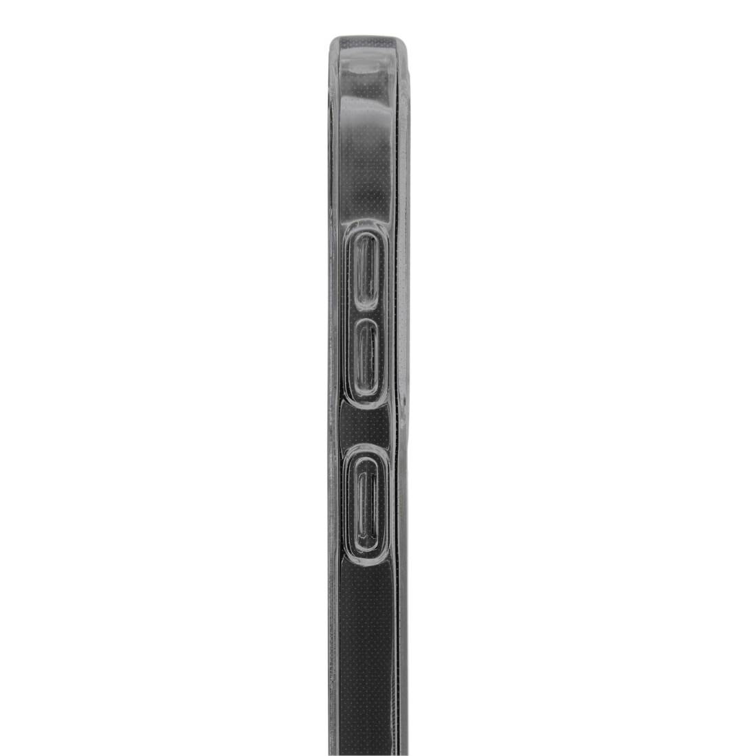 Side view of a black smartphone displaying two side volume buttons and an angular design.