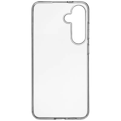 Transparent mobile phone case with cut-outs for camera and buttons.