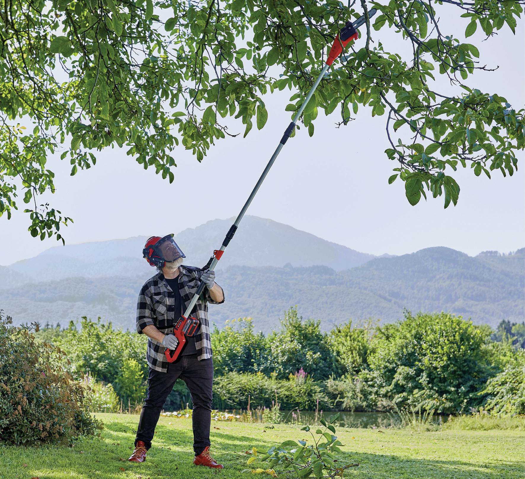 A person in protective clothing is cutting branches from a tree with a long hedge trimmer. Mountains can be seen in the background.