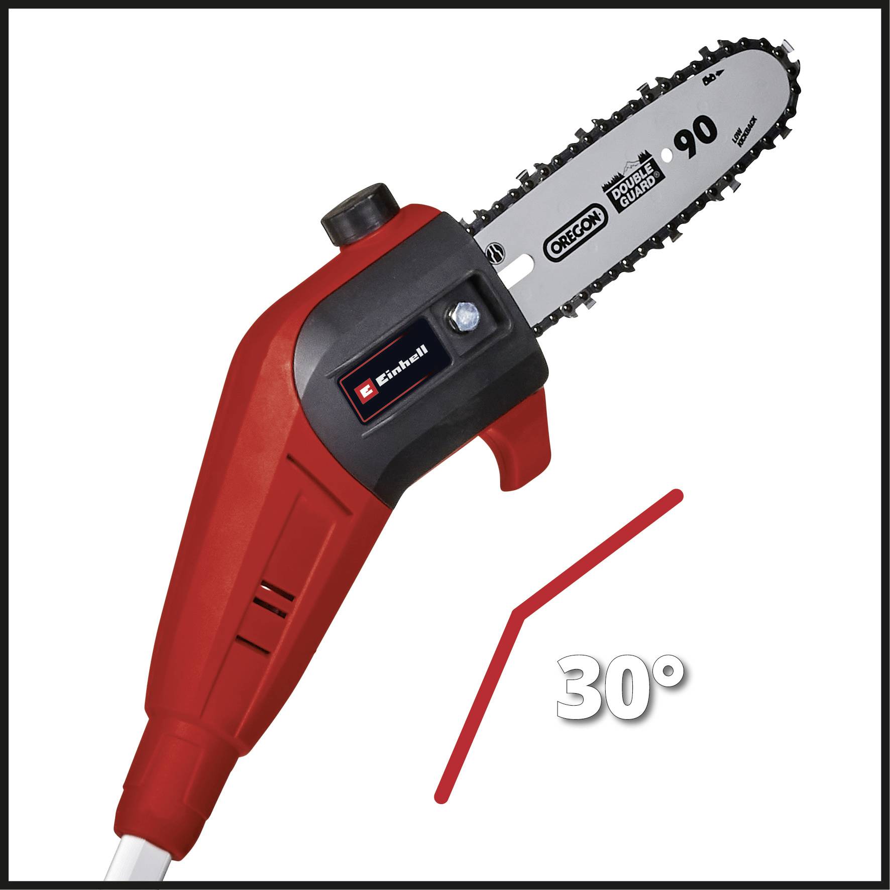 A red Einhell battery-powered chainsaw with a 90-mm guide bar length, depicted at a 30-degree red angle as an indicator.