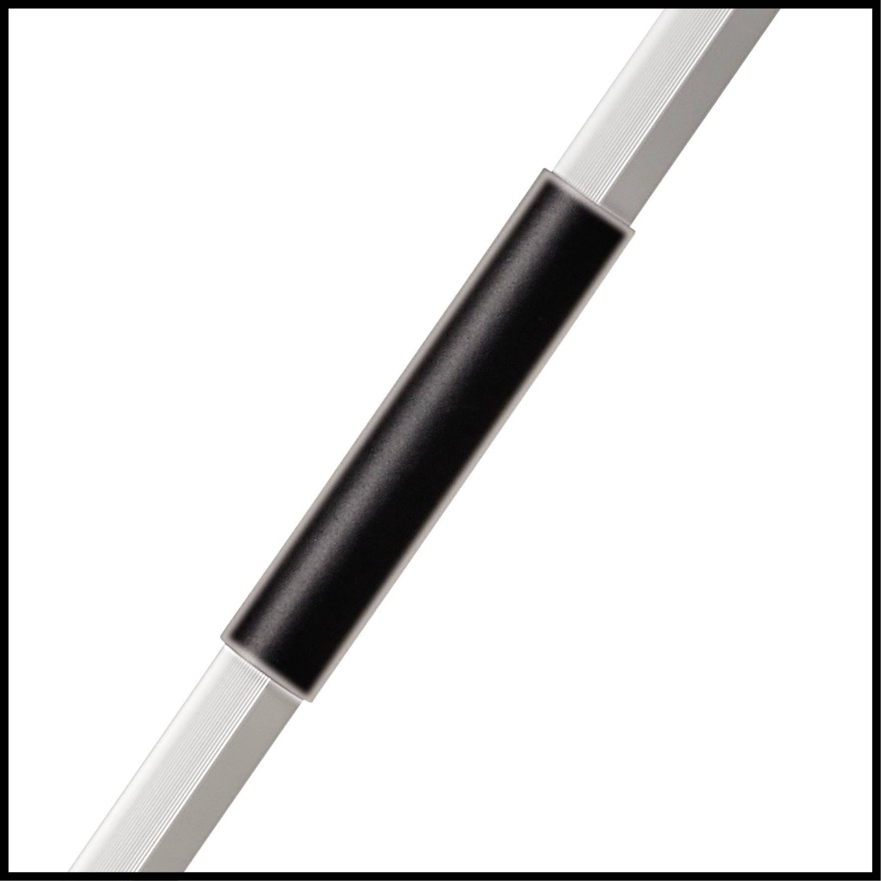A white long cane with a black handle in the centre, against a white background.